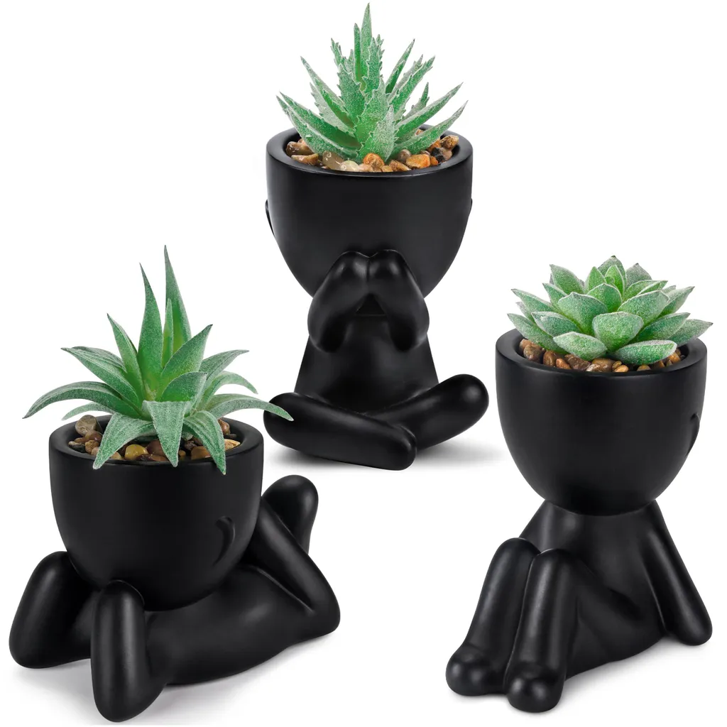 Plantes artificielles sans entretien : lot de 3 succulentes pots noirs