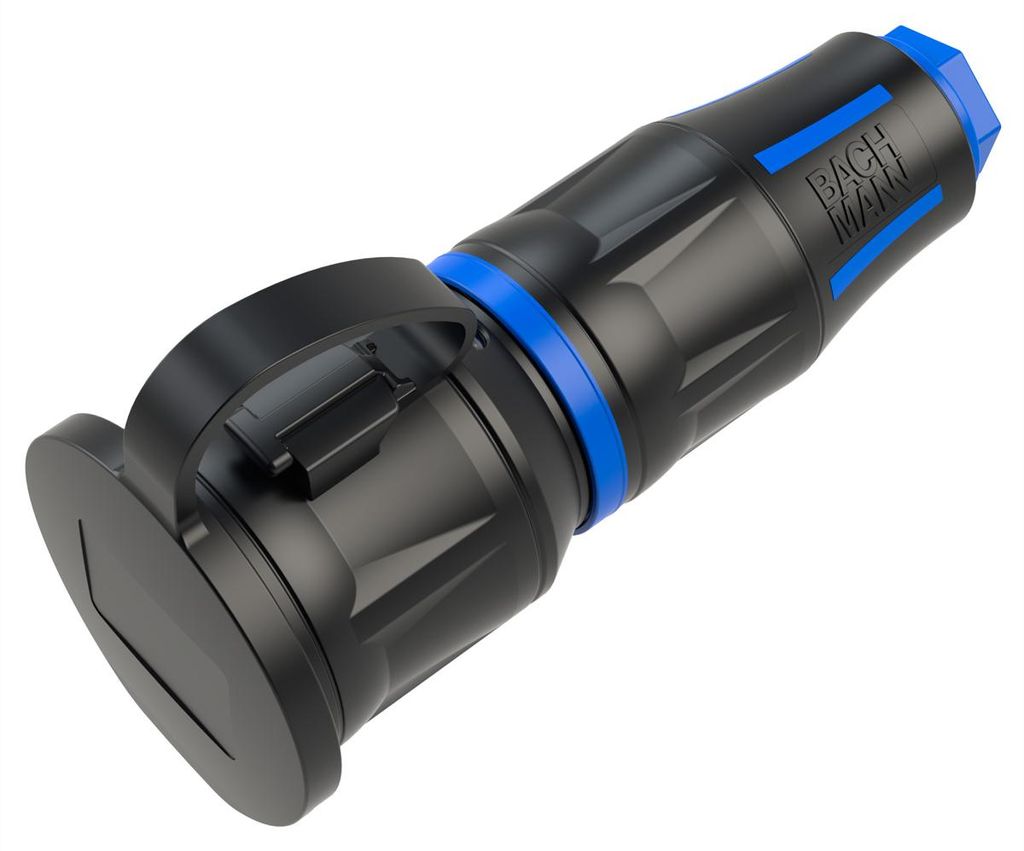 BACHMANN Profi-Schutzkontaktkupplung CEE7/3, Deckelband, gummiert, Power-LED, IP54, schwarz / blau