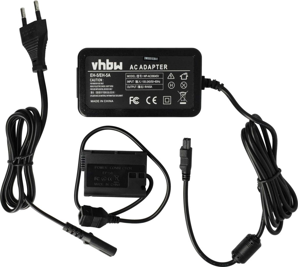 vhbw Netzteil kompatibel mit Nikon D7000, D7100, D610, D7200, D750, D500, D600, D7500, 1 V1 Kamera, Digitalkamera + DC Kuppler (Ersatz für EP-5B), 2m