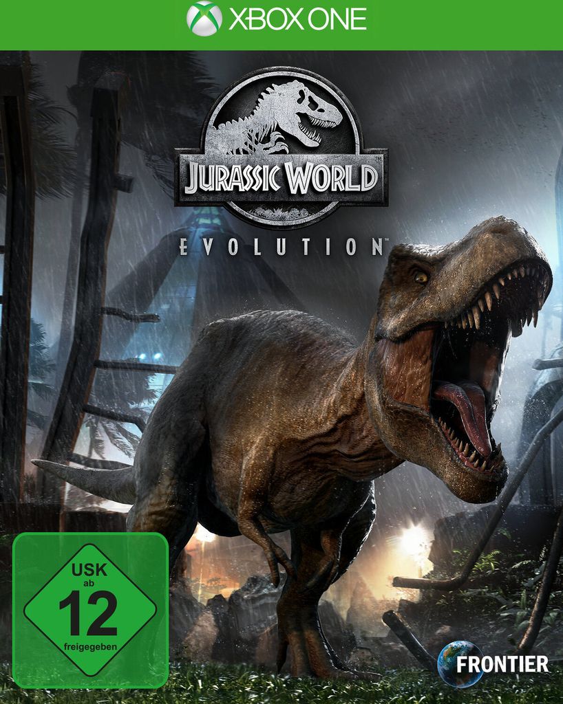 The cover art for the video game Jurassic World Evolution, featuring a Tyrannosaurus Rex in a jungle environment.