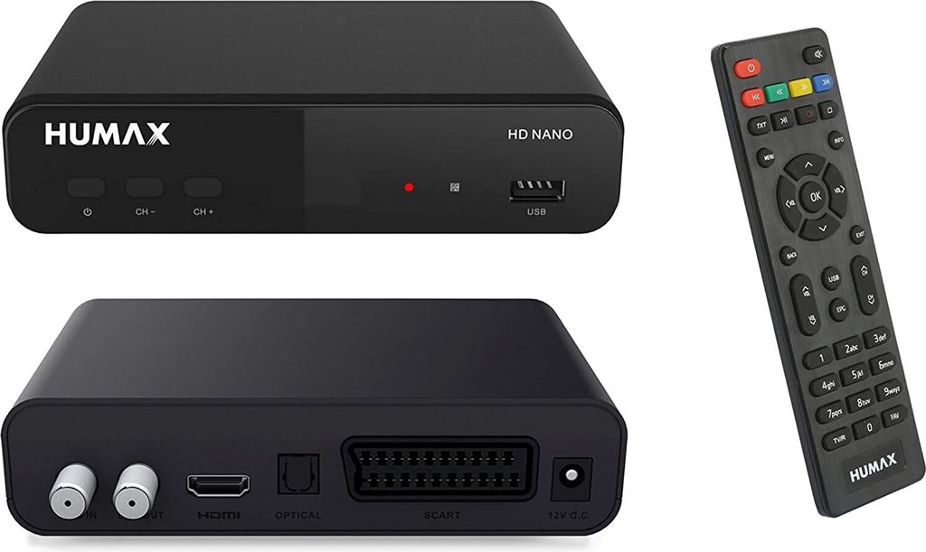 A black Humax HD Nano satellite receiver and its remote control are shown against a white background.