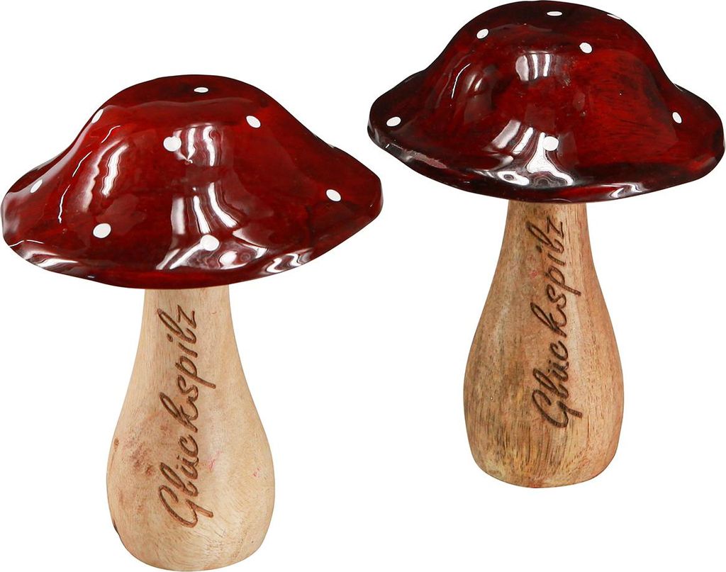 Herbstliche Fliegenpilz Deko aus Holz mit Glücksschriftzug, 2 Stück