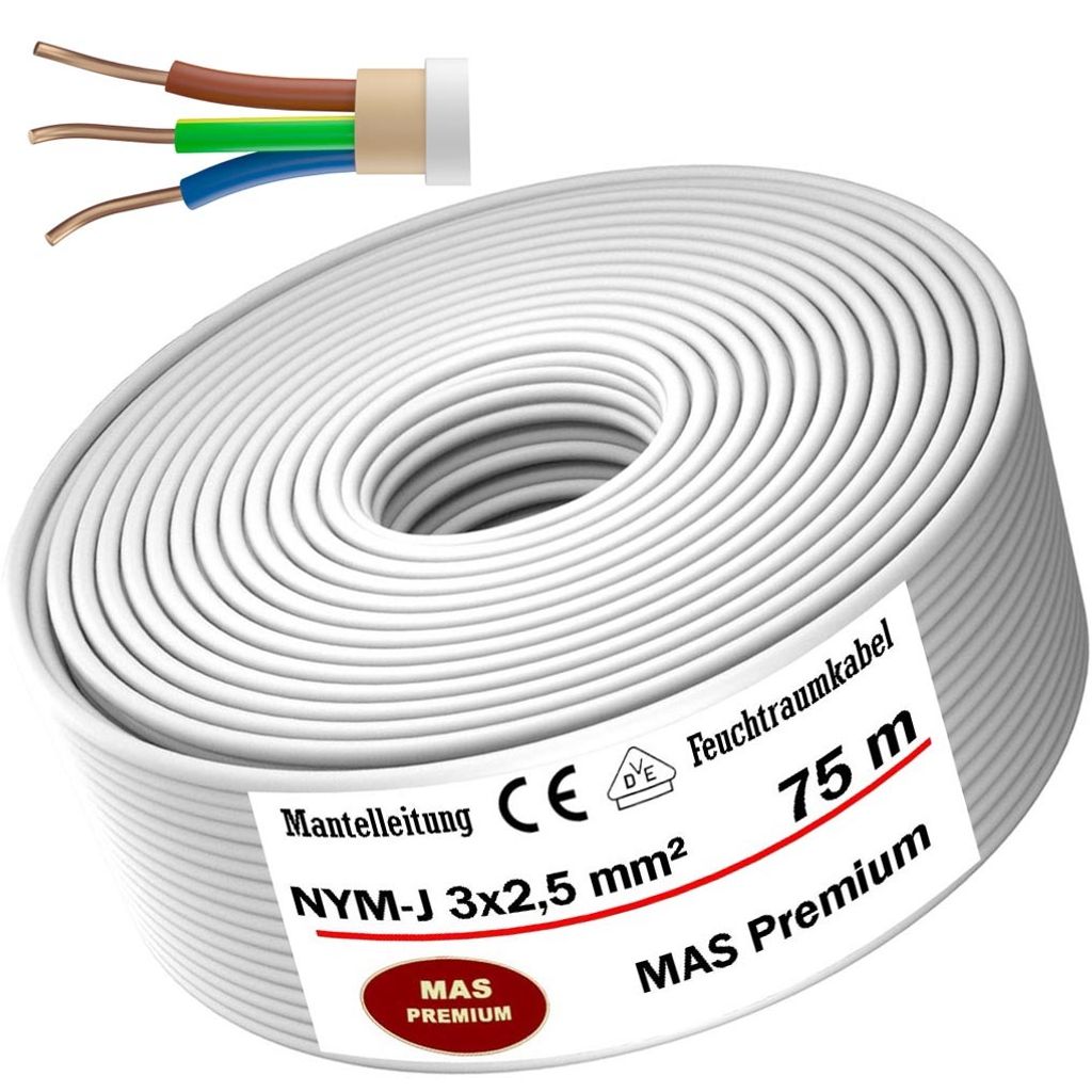 Feuchtraumkabel Stromkabel Mantelleitung 75 m NYM-J 3x2,5 mm² Elektrokabel