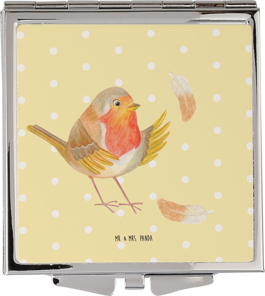 Mr. & Mrs. Panda Schminkspiegel klein Rotkehlchen Federn - Gelb Pastell - Geschenk, Spruch Motivation, Vogel, Kosmetikspiegel, Kleiner Spiegel, Lus...
