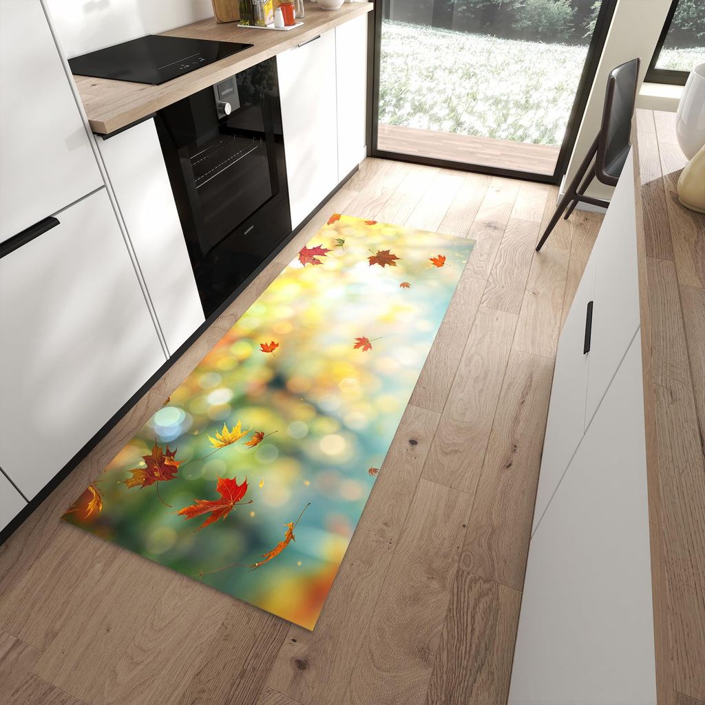 Küchenteppich 80x200cm rutschfest & abwischbar PVC Läufer - Herbstlaub Wald