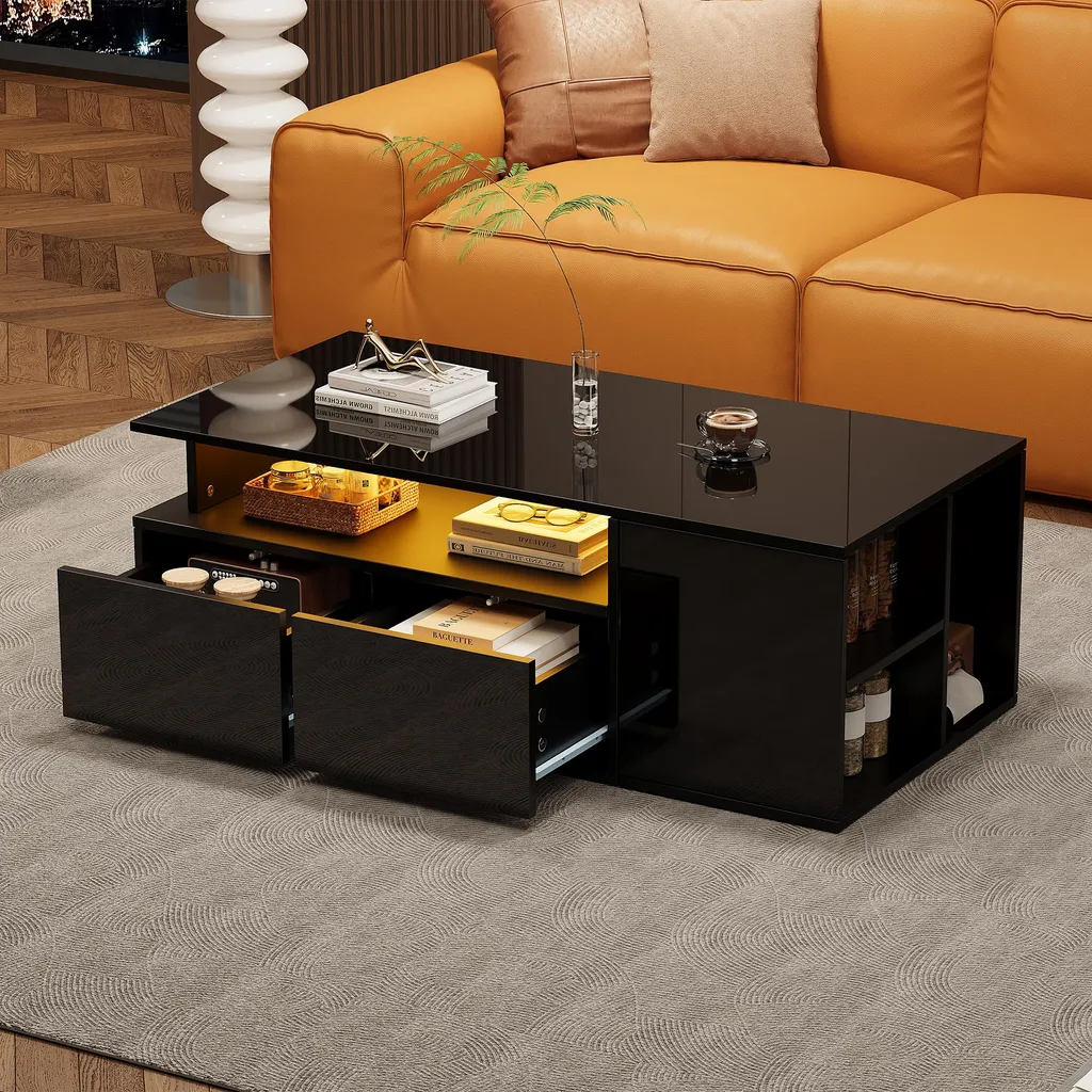 Fortuna Lai Tavolino Nero LED 100x50x35cm: Design Moderno con 2 Cassetti