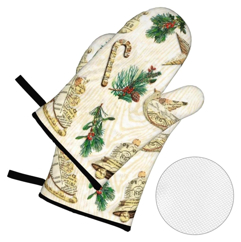 Ofenhandschuhe und Topflappen-Set mit Weihnachtsbaum- und Glockenmuster, 4 Stück, für Backen und Grillen