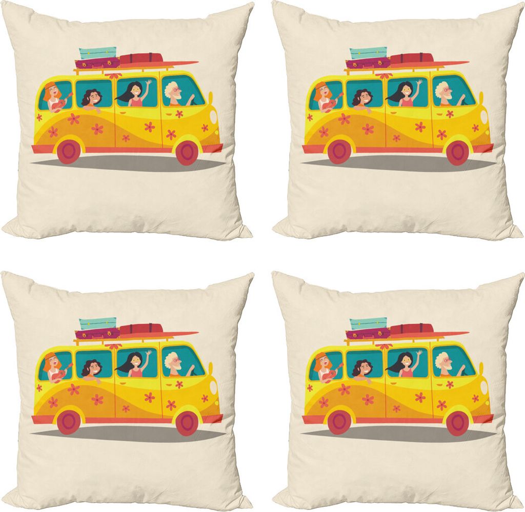 ABAKUHAUS Wohnmobil Kissenbezug Set (4 Stück), Hippies auf Sommer-Van, Moderner Doppelseitiger Digitaldruck, 60 cm x 60 cm, Mehrfarbig