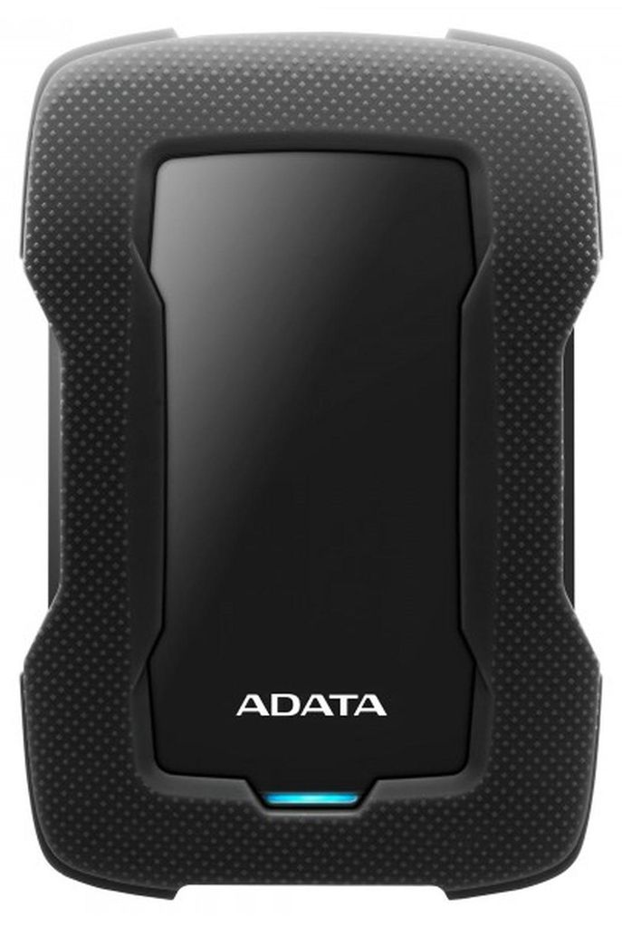 A black external hard drive with the ADATA logo and a blue indicator light.