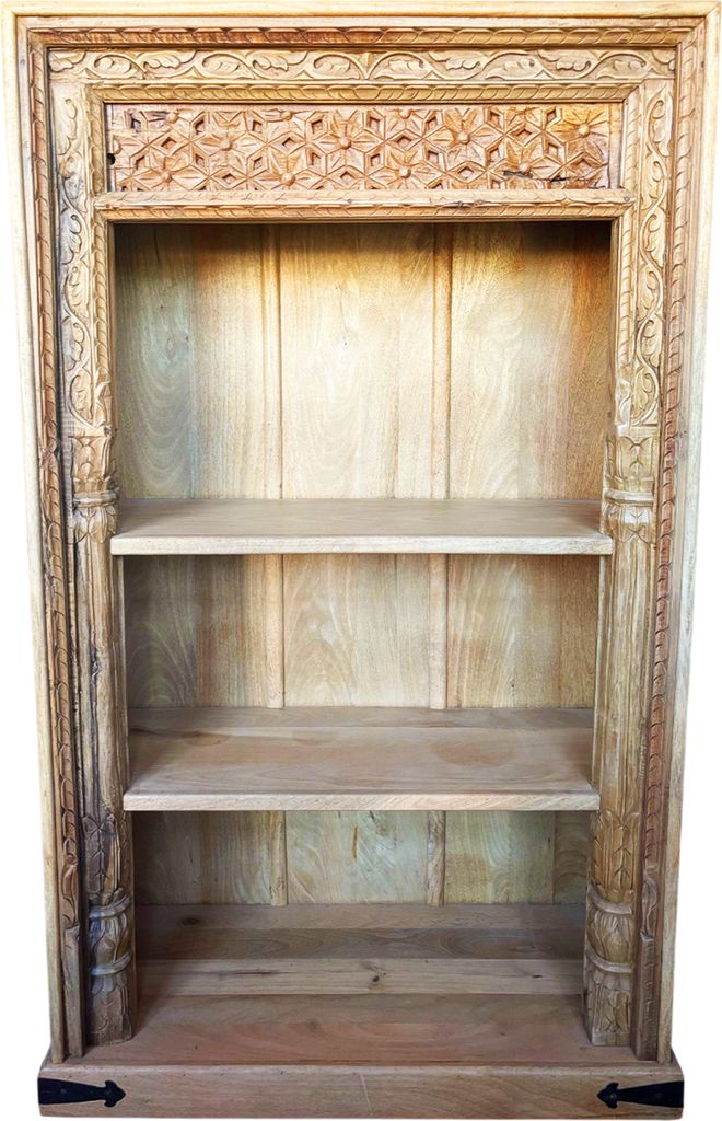 Handgeschnitztes Regal aus Teak Massivholz – 185 cm, Vintage Braun | Standregal für Wohnzimmer, Diele & Schlafzimmer | Offenes Bücherregal, Rau...