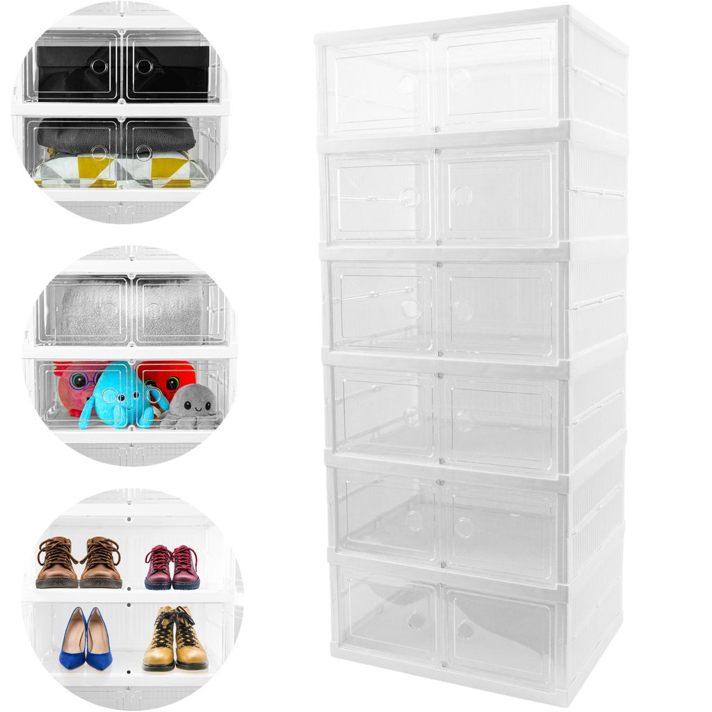 Schuhregal Weiß Kunststoff – Schuhschrank mit 6 Reihen, Klappen & Magnetverschluss – Stapelbar, platzsparend, transparent – Für bis zu 12 P...