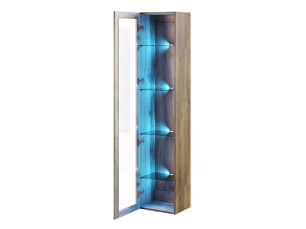 Vitrine haute ASHTON grise pour petit espace, meuble mural LED sans pied