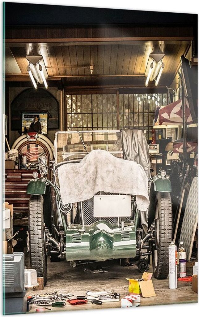 Bilder auf glas - Einteilig - Historisch Auto Garage - 50x70cm - Glasbilder - Wandbilder - Bilder - zum Aufhängen bereit - Wanddekoration aus Glas...