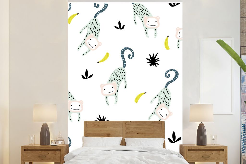 MuchoWow Fototapete für Wohnzimmer oder Schlafzimmer Wandtapete Vinyl Motivtapete Affe - Banane - Muster - 195x300 cm - Das Hintergrundbild