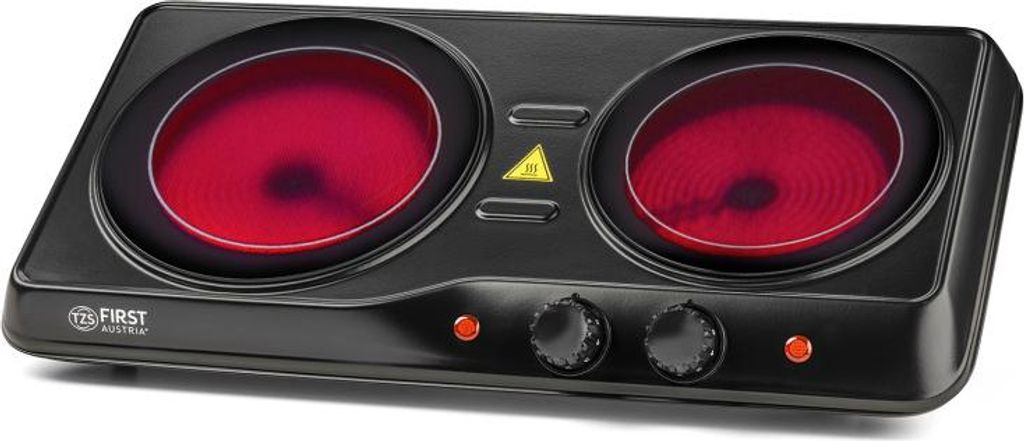 A black electric double hot plate with red heating elements.