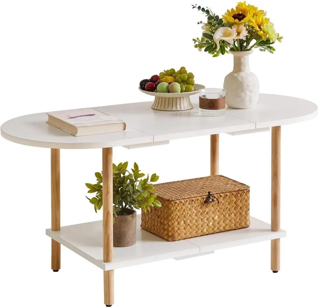 Table de salon ovale à double plateau bois blanc style épuré 90cm