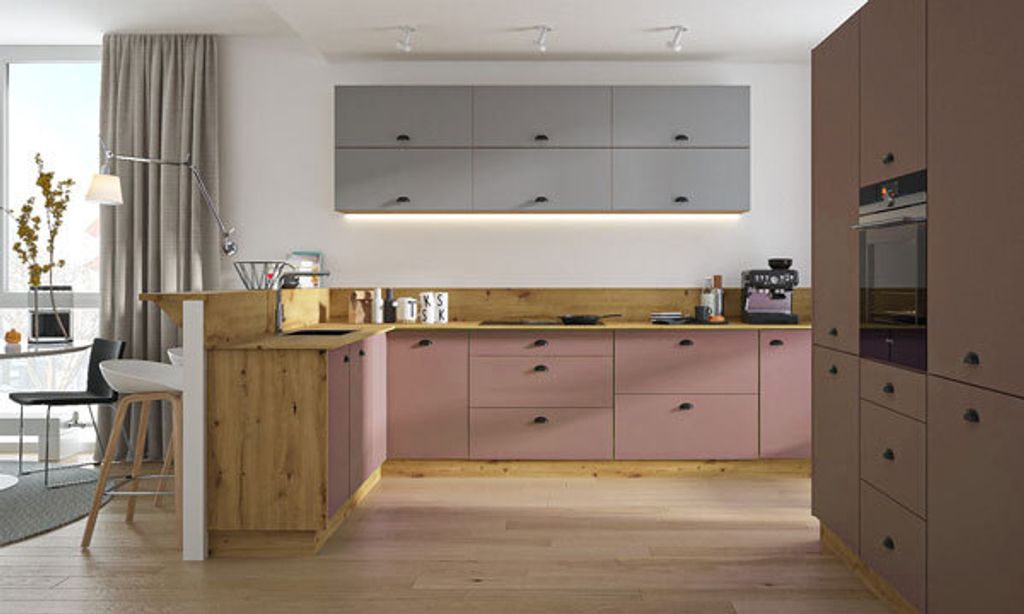 L-Form Küchenzeile "Bonn" Küchenblock 170x310cm Vollauszug eiche artisan Front dust grey - rosé kupfer matt