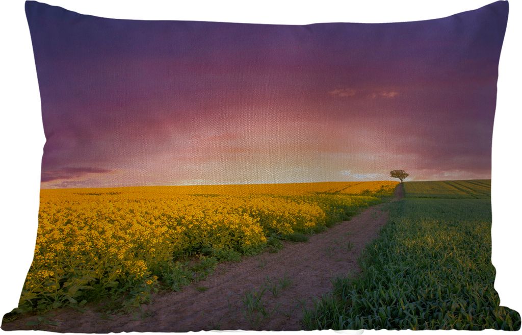 MuchoWow Outdoor Kissen - Blumen - Straße - Himmel - Gelb - Lila - Sonnenuntergang - Natur - 50x30 cm - Wetterfest - Lounge Kissen - Sofa kissen...