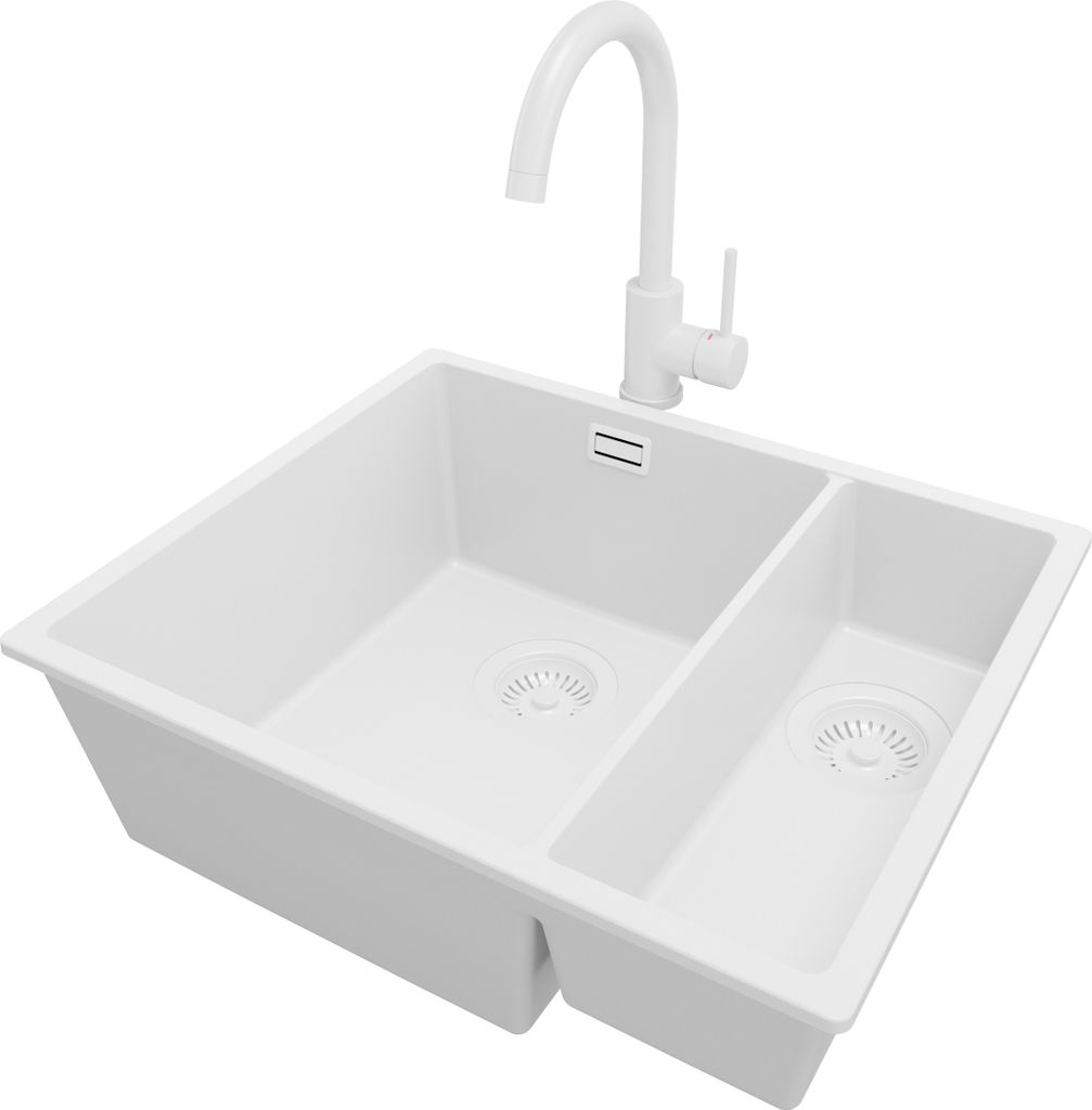 PRIMAGRAN Granitspüle Alles Weiß 56x47cm, Spülbecken 1,5 Becken + Küchenarmatur 32x20cm + Ablauf-Set, Küchenspüle ab 60er Unterschrank - Lond...