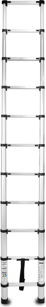 A fully extended aluminum telescopic ladder with 11 steps, shown against a white background.