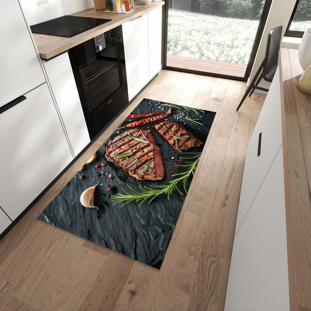 Küchenteppich 90x180cm rutschfest & abwischbar PVC Läufer - Steak von Gegrilltes