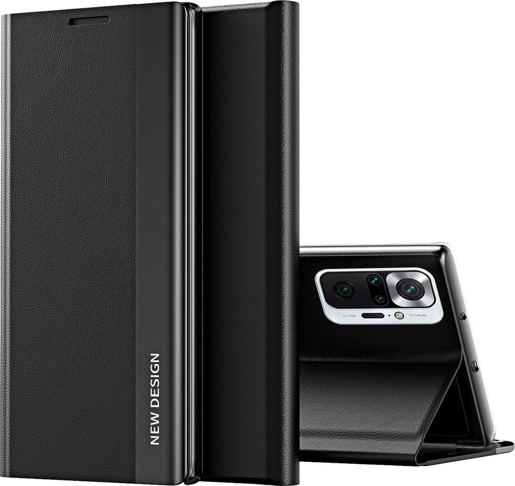 A black flip case for a smartphone is shown standing upright, with the phone partially visible inside.