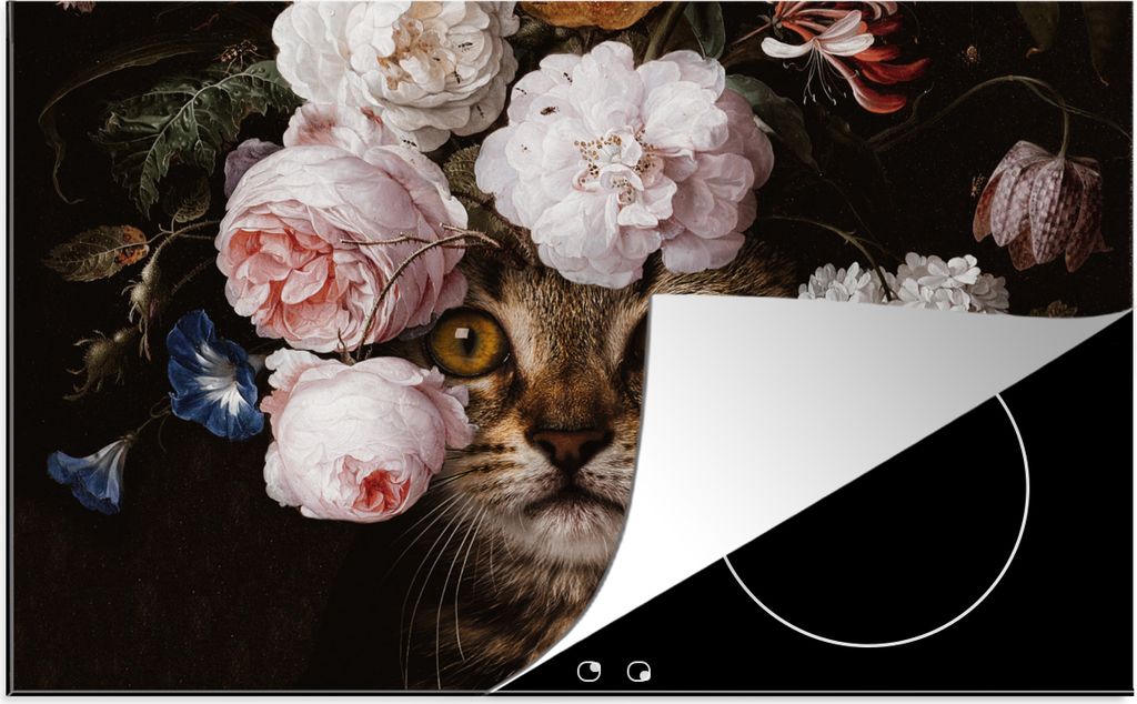 KitchenYeah Herdabdeckplatte Katze - Blumen - Kunst , 81x52cm, Küche Deko, Ceranfeld Herdabdeckung, Abdeckplatte fùr Kochfeld
