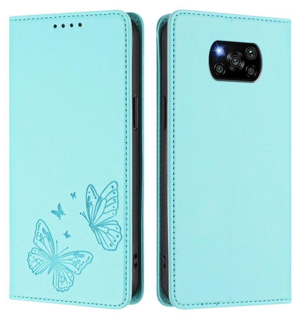 Lederhülle für Xiaomi Poco X3/Poco X3 NFC/Poco X3 Pro, Schmetterling Prägung Leder Brieftasche Schutzhülle mit Ständer Türkis