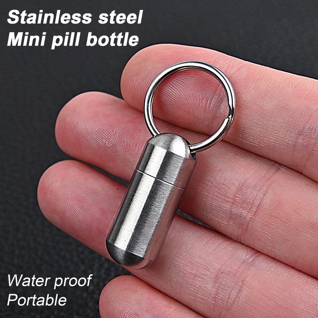 Pillenhalter mit hoher Härte, versiegelter Edelstahl, weit verbreitet, wasserdichter Pillenetui, Schlüsselanhänger für Camping – Silber