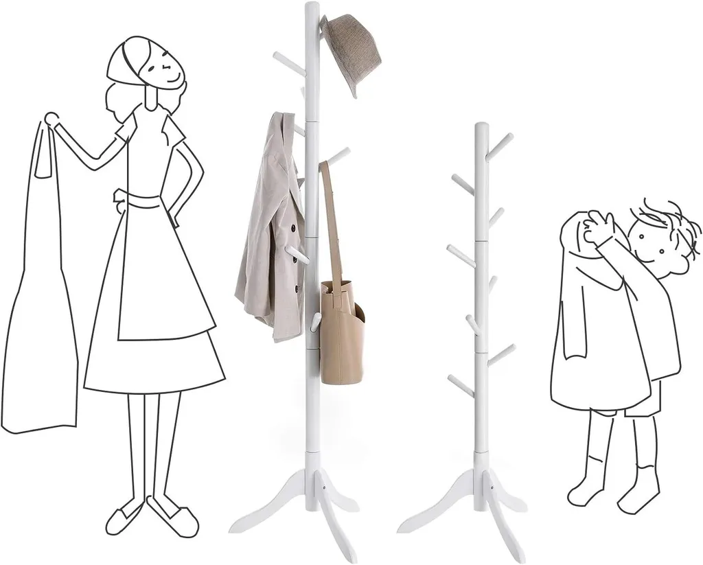 VASAGLE Porte-manteau Blanc en Bois avec 8 Crochets Réglables