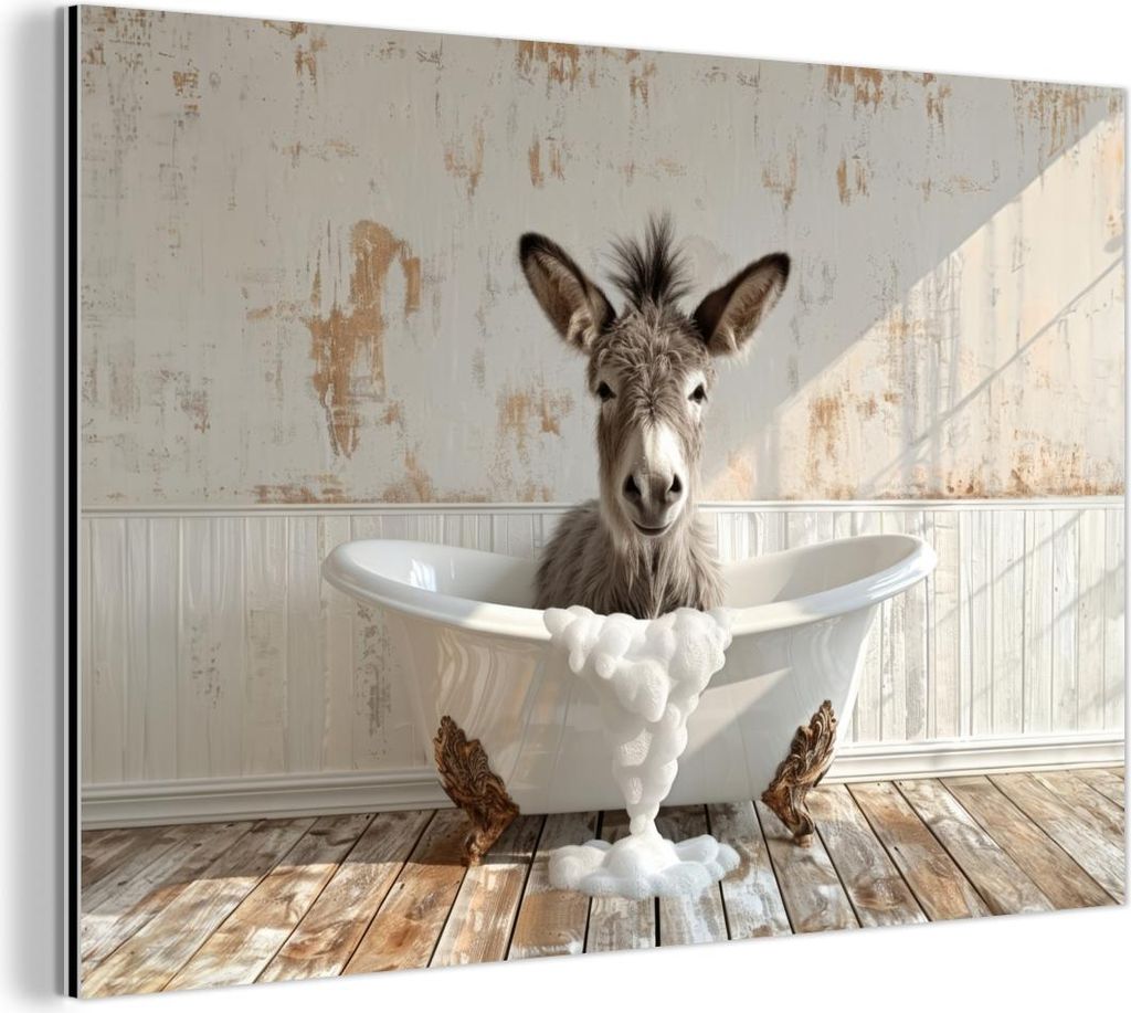 MuchoWow Wanddekoration Metall Metallbild Wandkunst 90x60 cm Esel - Tiere - Badewanne - Schaumstoff MuchoWow Aluminium Gemälde - Wandbilder