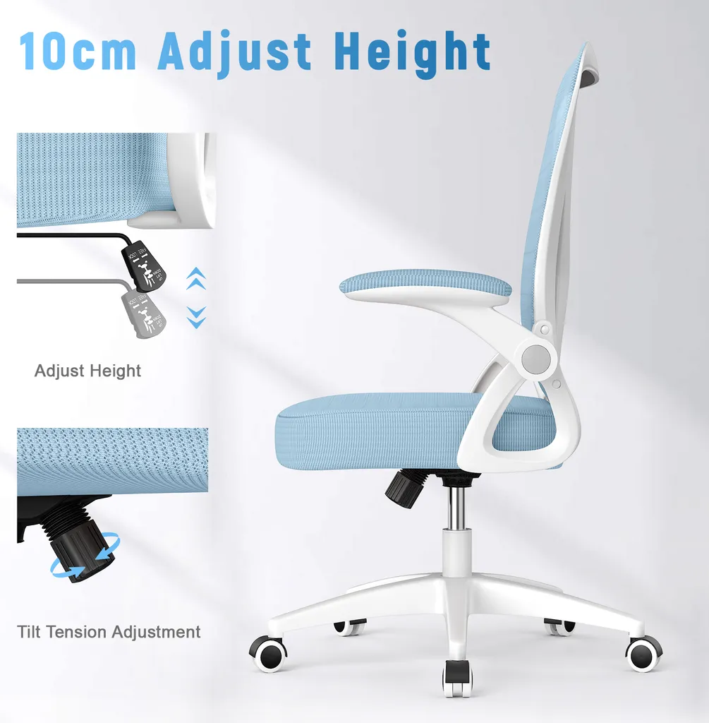 Fauteuil de bureau pour télétravail, chaise ergonomique bleue gain de place - 3