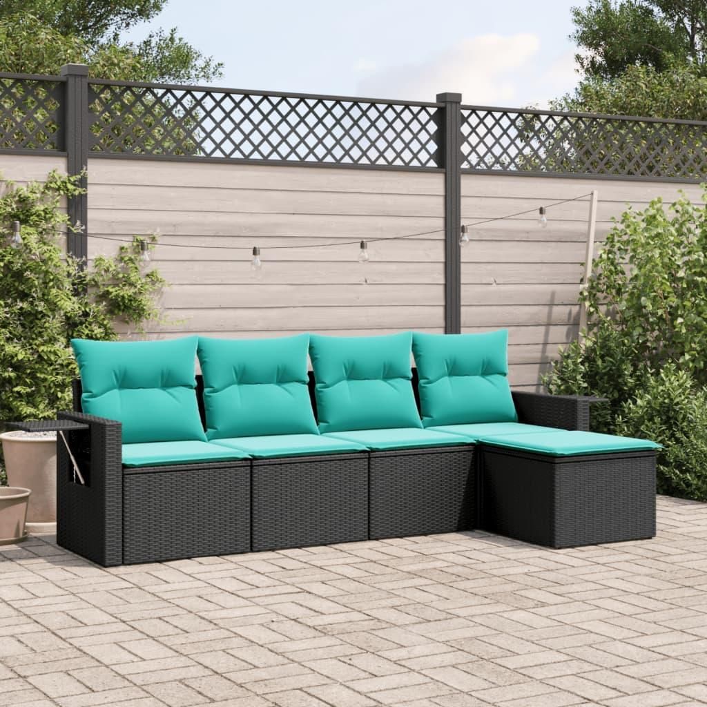 Möbel 5-teiliges Gartensofa-Set mit Kissen, schwarzes Polyrattan - Gartenmöbelgarnituren 3220086