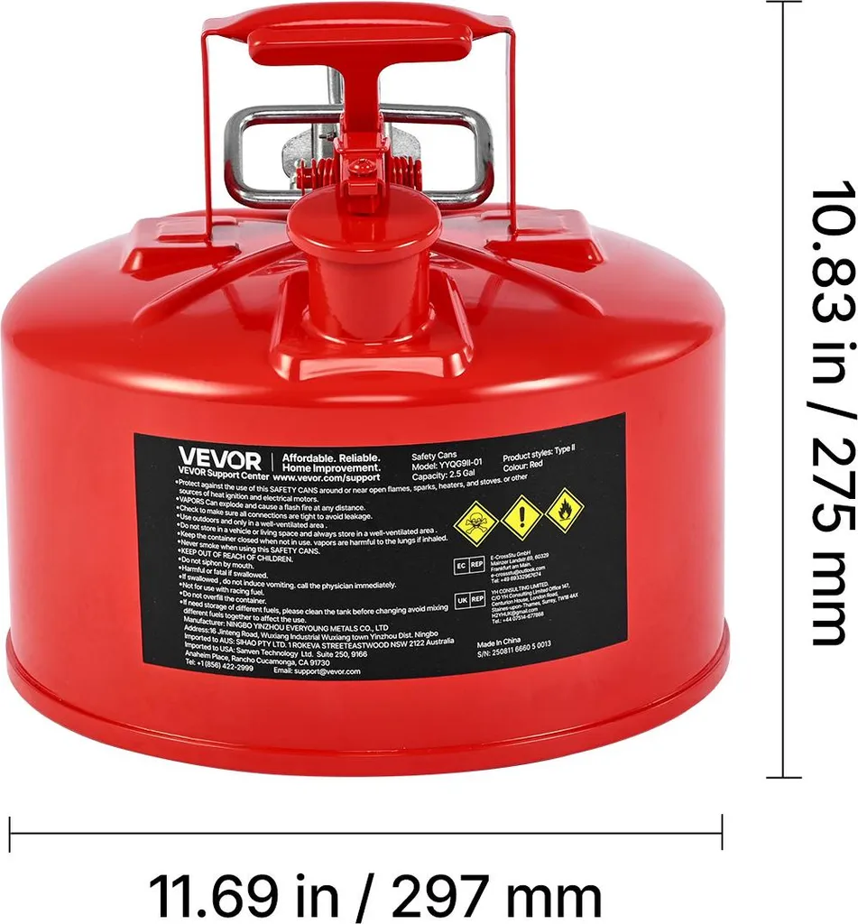 Tanica di sicurezza VEVOR, 9,5 litri, tipo II, contenitore di sicurezza con dispositivo antifiamma, coperchio autochiudente e beccuccio flessibile in metallo, contenitore per lo stoccaggio di sostanze infiammabili, rosso - 8