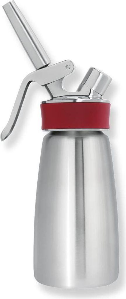 A stainless steel whipped cream dispenser with a red band and a silver nozzle.