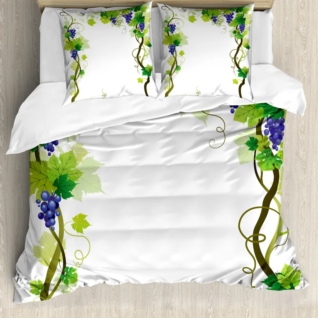 ABAKUHAUS Copripiumino Weinberg, motivo foglie e frutta fresca, antiacaro, adatto a chi soffre di allergie, con federe, 200 cm x 200 cm - 80 x 80 cm, verde