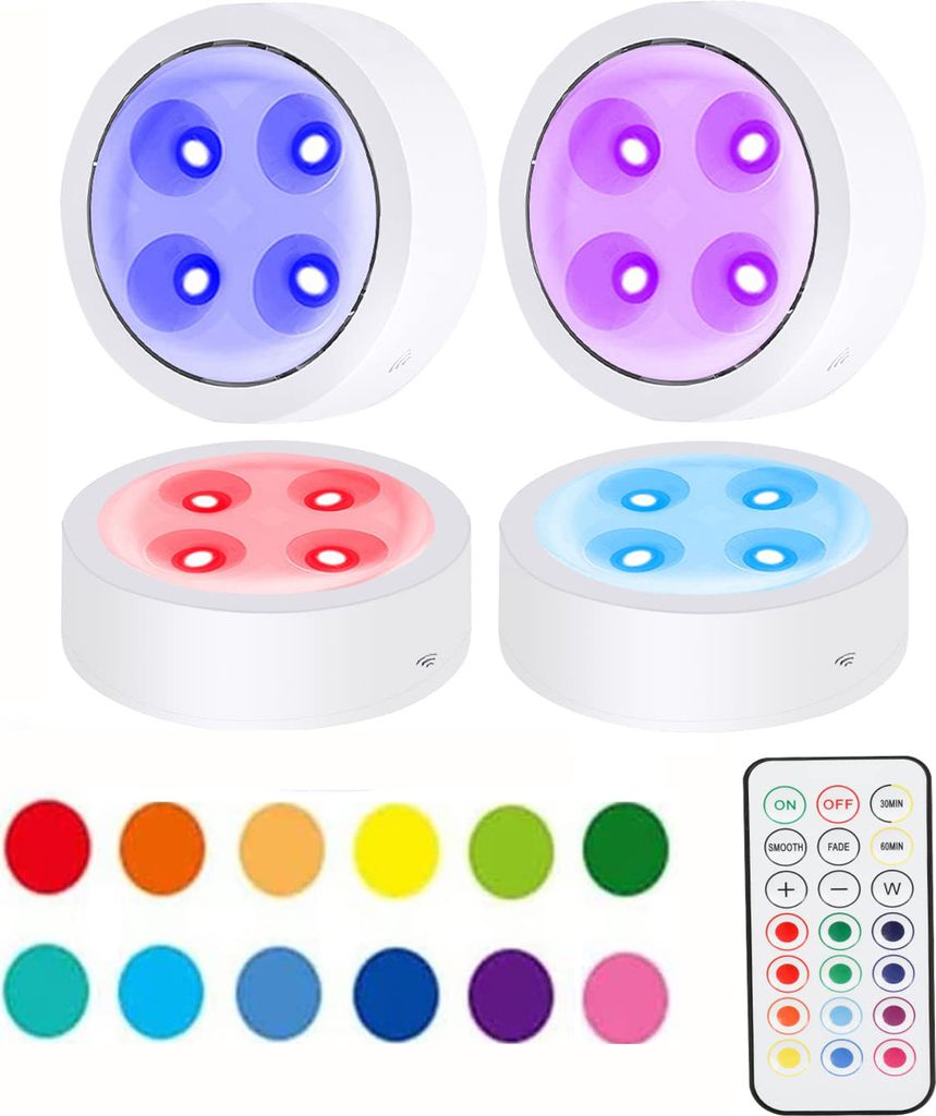 4 Stück RGB LED Unterbauleuchte Kabellos Dimmbar, Schrankbeleuchtung Batterie Timer 13 Farben Touch, LED Spot Fernbedienung Küche Regal Treppe,Weiß