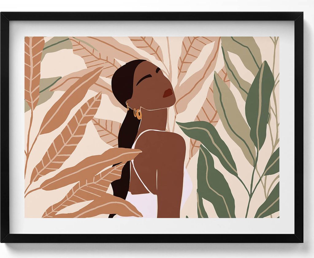 Illustration einer Frau zwischen Blättern im Boho-Stil– Wandbild mit Rahmen – Gerahmtes Bild – Wanddekoration – 80x60 cm – Schwarz Rahmen