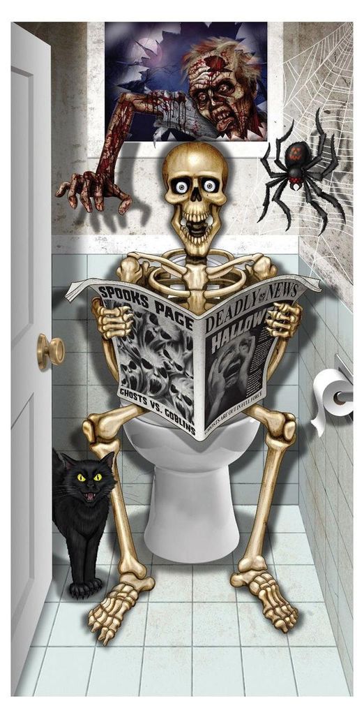 Skelett sitzend auf WC Türdekoration für Halloween Produktbild 