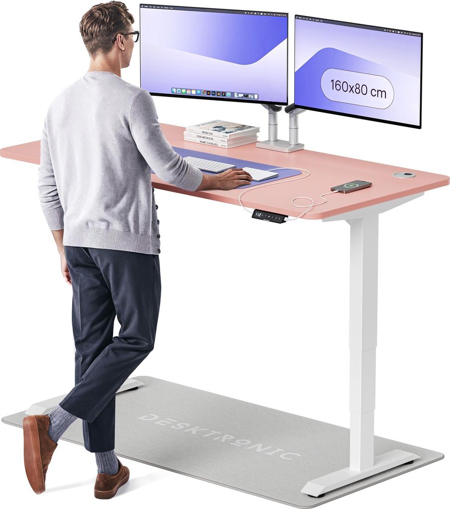 Desktronic HomePro Elektrisch höhenverstellbarer Schreibtisch 160x80cm Weiß/Rosa mit Memory-Funktion, Anti-Kollisions Technologie, USB-A und USB-...