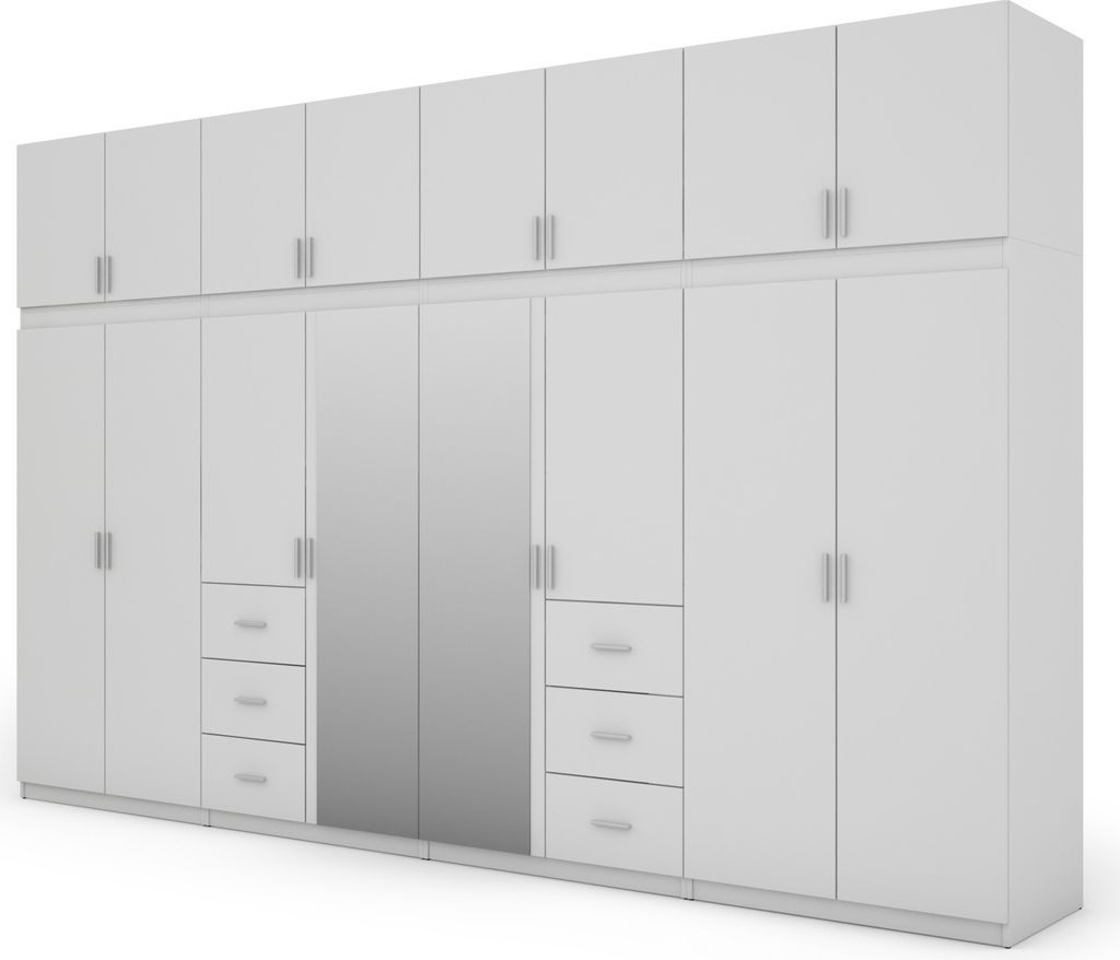 A white modular wardrobe with mirrored doors and drawers, shown against a white background.