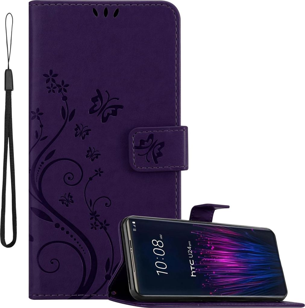 Cadorabo Hülle für HTC U24 PRO Hülle in FLORAL DUNKEL LILA Schutzhülle im Blumen Design mit Magnetverschluss, Standfunktion und Kartenfächern ...