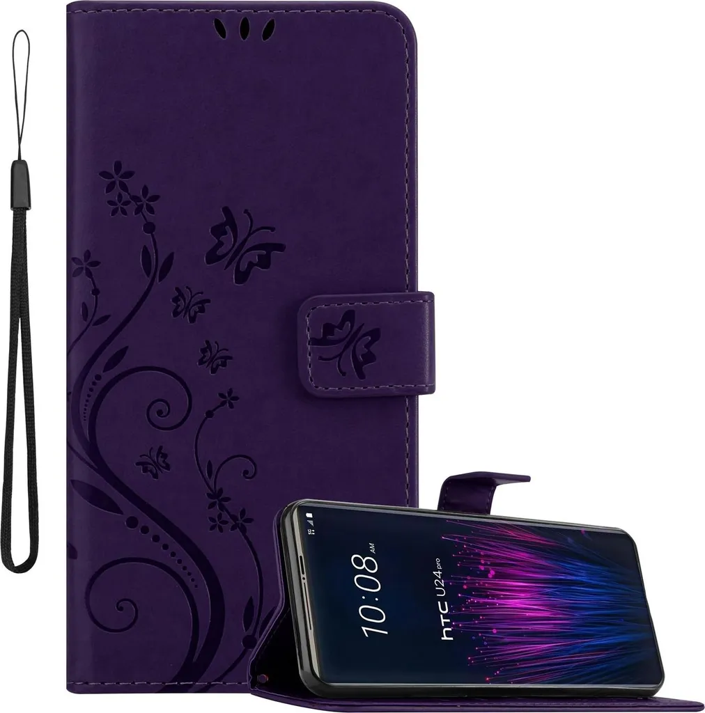 Cadorabo cover per HTC U24 PRO cover in FLORAL DARK PURPLE cover protettiva con design floreale con chiusura magnetica, funzione stand e slot per carte Book Case Cover