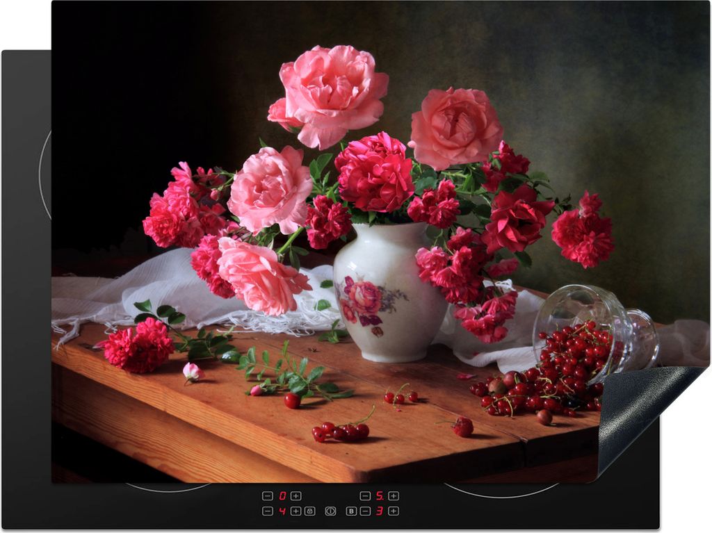 KitchenYeah Herdabdeckplatte Rosen - Stilleben - Rosa , 70x52cm, Küche Deko, Glaskeramikkochfeld Herdabdeckung, Abdeckplatte fùr Kochfeld