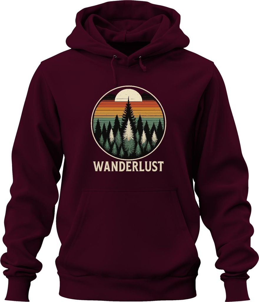 Wanderlust Retro Sonnenuntergang Wald Tannen Camping Wandern Uni Hoodie Kapuzenpullover, Burgundy, XL