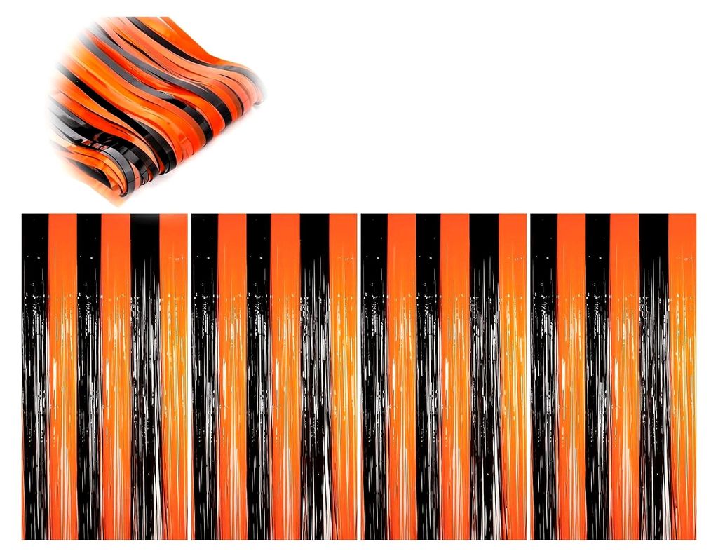4 Stück Halloween-Fransen Vorhang, Folien-Fransen Hintergrundvorhang in Schwarz und Orange, 1m x 2m
