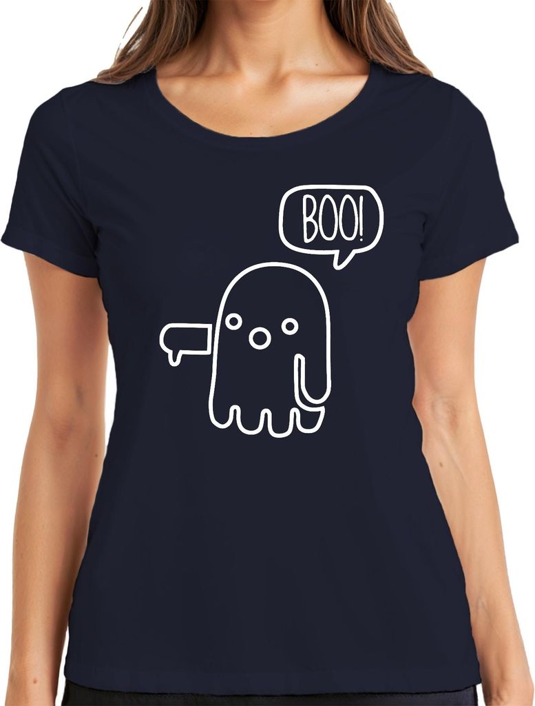 BOO! süßer Geist Halloween lustig Kinder Cartoon niedlich retro Damen T-Shirt, Navy, L