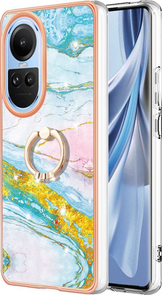 Hülle für Oppo Reno10 5G Muster TPU Silikon Stoßdämpfer Bumper Schutzhülle mit Ring Ständer Türkis