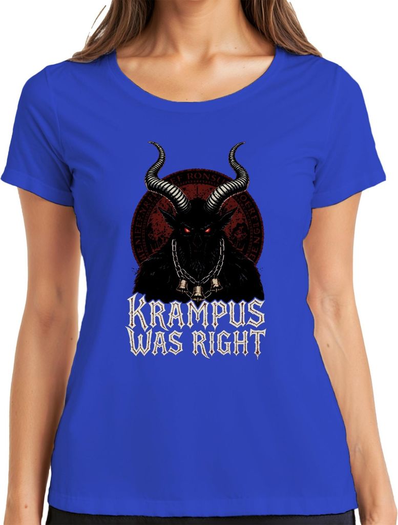 Krampus Was Right Dämon Hörner Glocken Weihnachten Gothic Horror Damen T-Shirt, Blau, XL