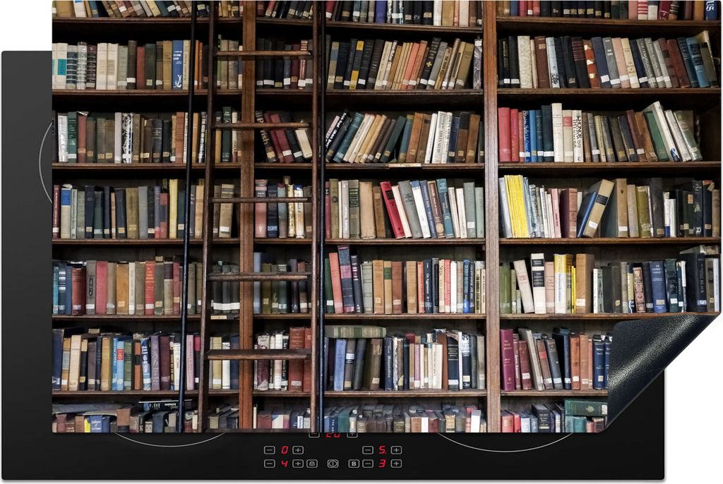 KitchenYeah Herdabdeckplatte Leiter vor einem Bücherregal in der Bibliothek , 81x52cm, Küche Deko, Glaskeramikfeld Herdabdeckung, Abdeckplatte ...